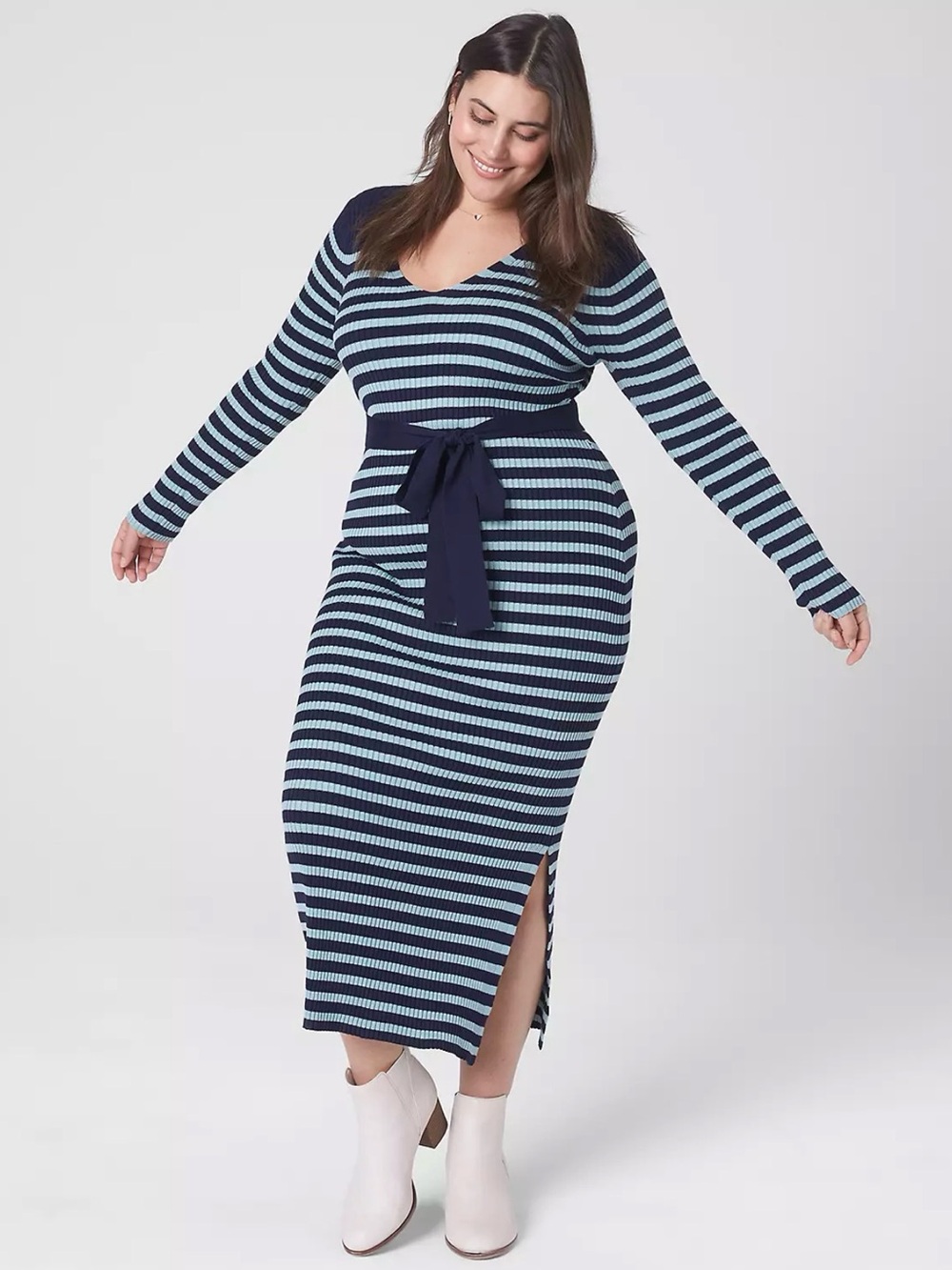 Lane Bryant Navy and Light Blue Striped Maxi Dress with Tie Waist